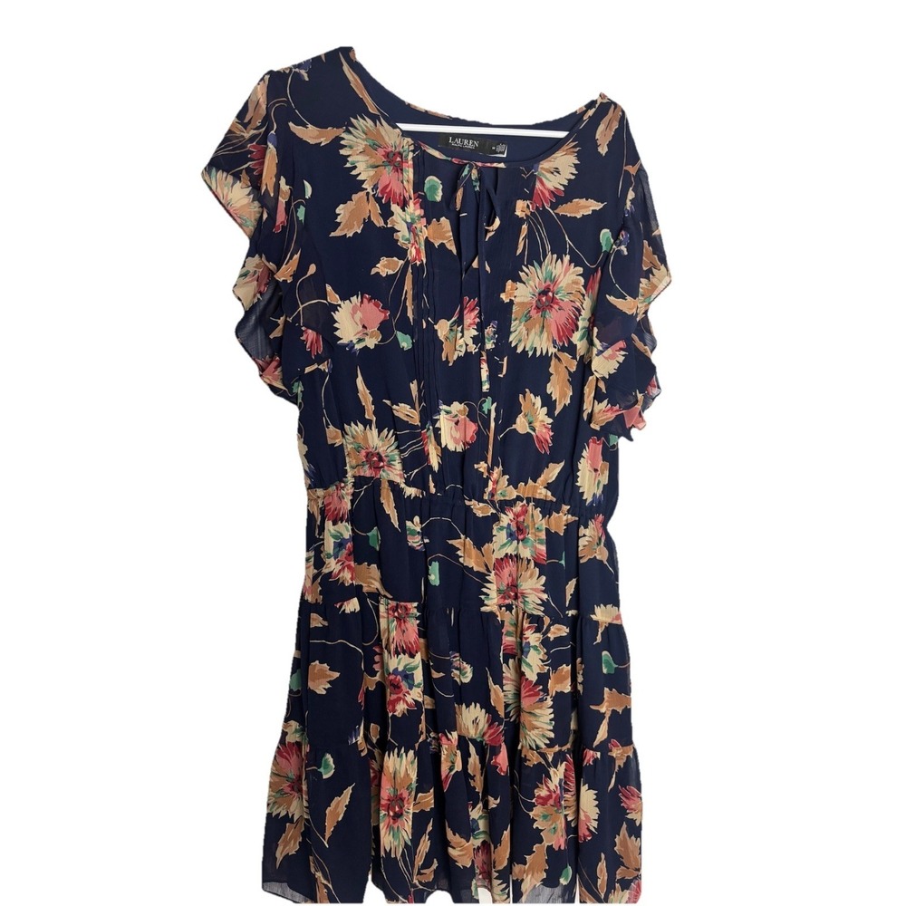 Lauren Ralph Lauren Floral Crinkle Georgette Tie Neck Dress Sz 14 - Picture 3 of 11